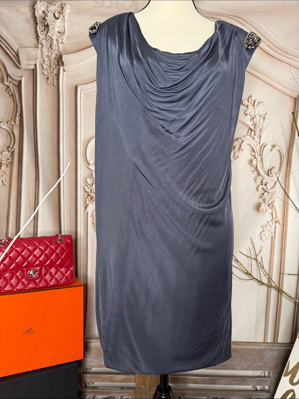 YIGAL AZROUEL -Elegant Slate Gray Draped Sleeveless Dress